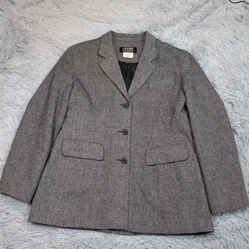 Vintage Levine Classics Jacket Womens 12 Gray Wool Blend Coat Faux Pockets Comfy